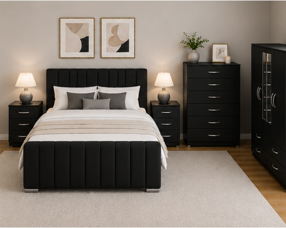 4 Complete Stylish Master Bedroom Furniture – Double Bed, Mirrored Wardrobe, Bedside Tables & Chest Elegant Bedroom Collection - Double Bed - Four Door Mirror Wardrobe With Bottom Drawers - Chest of Five Drawers - Two Bedside Tables - Image 1
