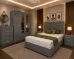 Premium Double Bed Furniture Set – Three Door Wardrobe Featuring Two Half Mirrors, Two Bottom Drawers & Chest of Five Drawers