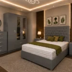 Premium Double Bed Furniture Set – Three Door Wardrobe Featuring Two Half Mirrors, Two Bottom Drawers & Chest of Five Drawers