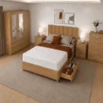 Double Bed Home Furniture Collection - 3 Door Wardrobe With Two Mirrors And Two Bottom Drawers - Chest of Five Drawers