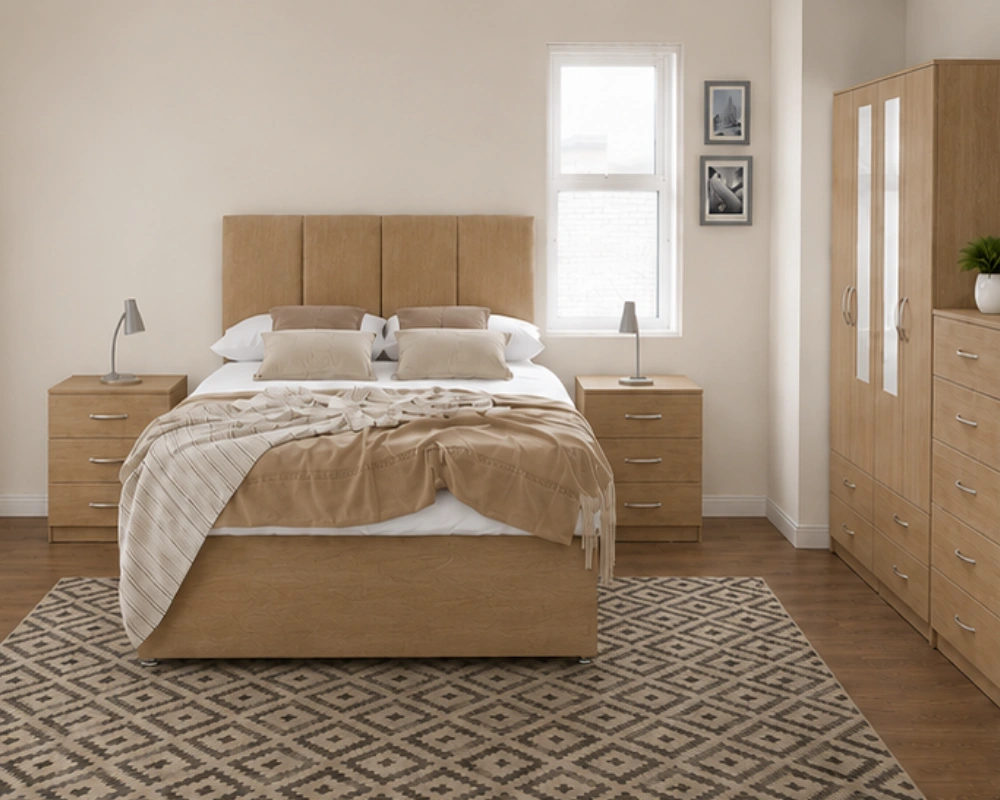 40 Modern Bedroom Furniture Set – Complete Double Bed, 5-Door Wardrobe, Bedside Tables & Chest Luxury Double Bed Furniture Set – Four Door Wardrobe with Four Bottom Drawers – Chest of Five Drawers with Two Bedside Tables - Image 1