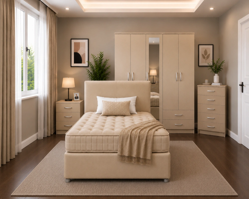 41 Complete Elegant Bedroom Furniture Set – Double Bed, Wardrobe, Bedside Tables & 5-Drawer Chest Luxury Bedroom Collection - Five Door Wardrobe With Single Full Length Mirror And Four Storage Drawers - Double Bed - Two Bedside Tables - Image 1