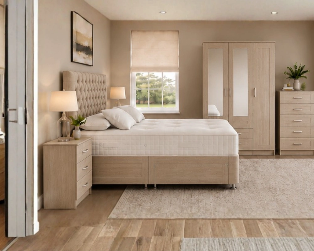 46 Premium Complete Bedroom Set – Double Bed, Mirrored Wardrobe, Bedside Cabinets & 5-Drawer Chest Modern Bedroom Furniture Set - Double Bed - 3 Door Wardrobe With 2 Mirrors And 2 Bottom Drawers - Five Drawer Chest - Two Bedside Tables - Image 1