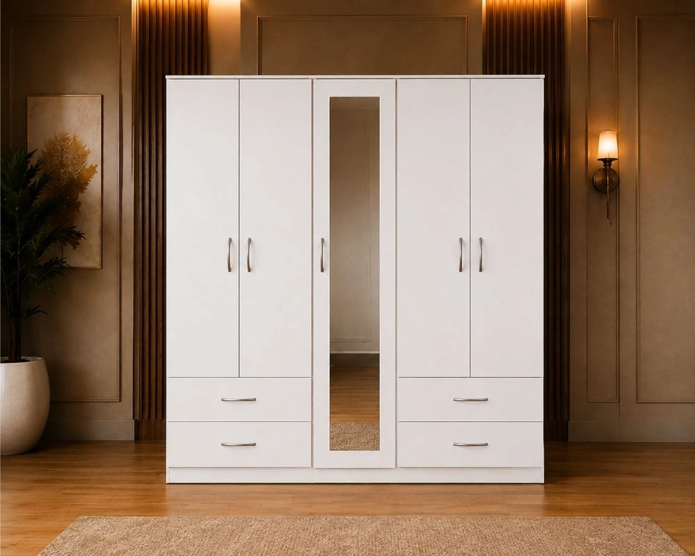 5 Door Designer Wardrobe with Mirror and 4 Bottom Drawers Modern 5 Door Wardrobe with 1 Mirror & 4 Bottom Drawers - Image 1