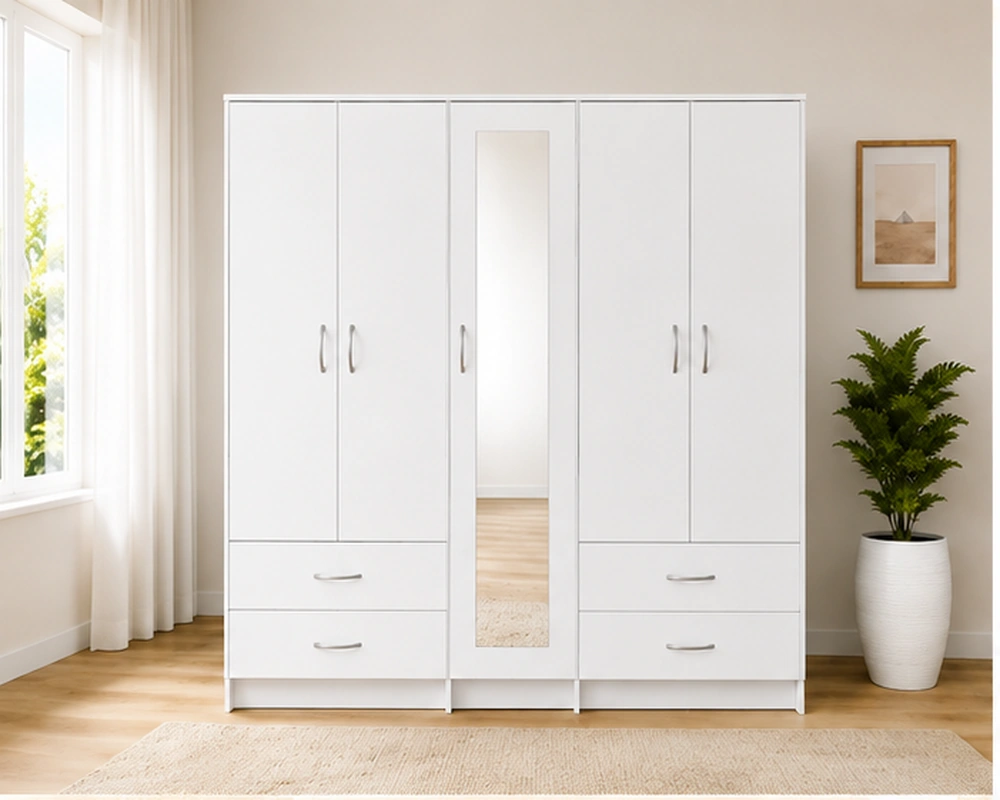 5 Door Wardrobe with Full Mirror & 4 Heavy-Duty Drawers Modern 5 Door Storage Cabinet | Full Mirror Wardrobe with 4 Drawers - Image 1