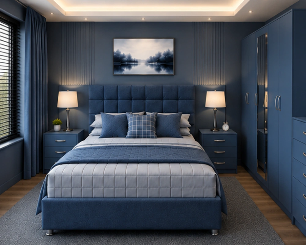 5 Elegant Double Bed Set with Mirrored Wardrobe & Matching Bedroom Furniture Double Bed Furniture Set – Five Door Wardrobe With Four Drawer – Chest of Five Drawers With Two Bed Side Table - Image 1