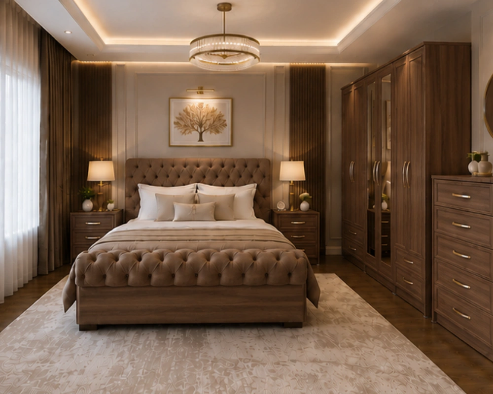 5 Luxury Complete Double Bed Furniture Set with Mirrored Wardrobe Double Bed Bedroom Furniture Collection - Six Door Wardrobe With Four Drawer - Chest of Five Drawers With Two Bed Side Table - Image 1