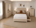 Modern Bedroom Storage Package - Double Bed - Three Door Mirror Wardrobe With Two Bottom Drawers - Bedside Table Pair