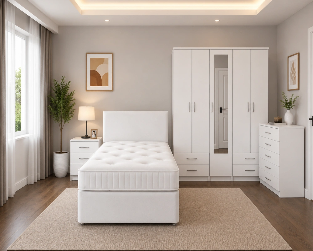 50 Modern Complete Bedroom Set – Double Bed, Mirrored Wardrobe, Bedside Tables & 5-Drawer Chest Premium Bedroom Furniture Set – Double Bed, Five Door Wardrobe with Four Bottom Drawers, Chest of Five Drawers & Two Bedside Tables - Image 1