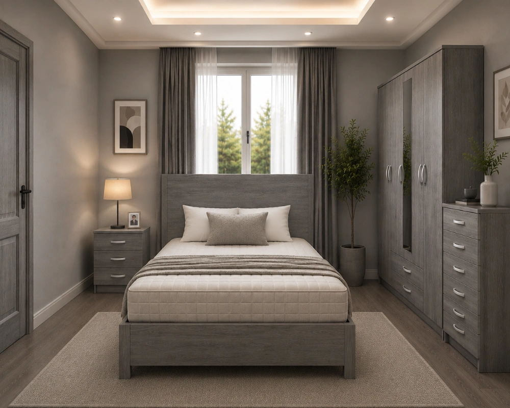 7 Complete Double Bed Furniture Set with Wardrobe, Chest & Bedside Tables Modern Bedroom Furniture Set - Double Bed - 5 Door Wardrobe With Half Length Mirror And Two Bottom Drawers - Five Drawer Chest - Two Bedside Tables - Image 1