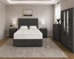 Modern Charcoal Double Bed Furniture Collection – Four Door Wardrobe with Four Bottom Drawers – Chest of Five Drawers with Two Bedside Tables