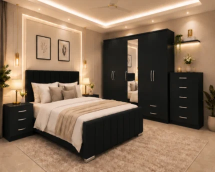 Complete Luxury Bedroom Furniture Set – Double Bed with Five Door Wardrobe, One Full Length Mirror, Four Bottom Drawers & Chest of Five Drawers