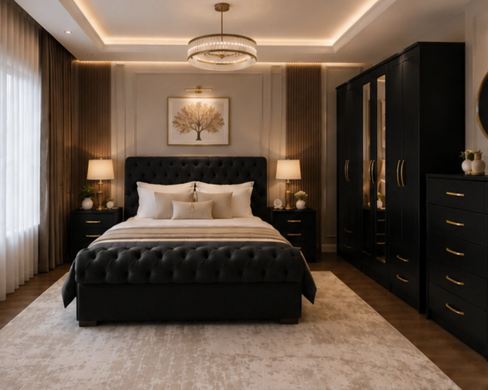 7 Luxury Double Bed Bedroom Furniture Collection with Chest & Cabinets Deluxe Double Bed Bedroom Suite - Six Door Wardrobe With Four Drawer - Chest of Five Drawers With Two Bed Side Table - Image 1