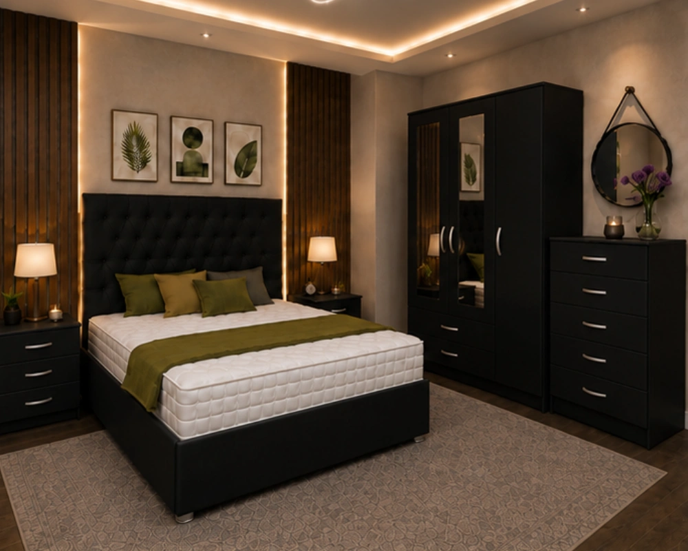 8 Complete Double Bed Furniture Collection – Elegant Bedroom Style Modern Bed Set With Four Door Wardrobe With Four Drawer - Chest of Five Drawers With Two Bed Side Table - Image 1