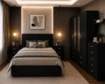 Modern Black Complete Double Bed Furniture Set – Four Door Wardrobe with Four Bottom Drawers – Chest of Five Drawers & Two Bedside Tables