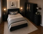 Modern Black Complete Double Bed Furniture Set – Four Door Wardrobe with Four Bottom Drawers – Chest of Five Drawers & Two Bedside Tables - Image 2