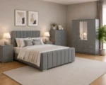 Contemporary Double Bed Furniture Set - Four Door Mirror Wardrobe With Bottom Drawers - Chest of Five Drawers - Two Bedside Tables - Image 2