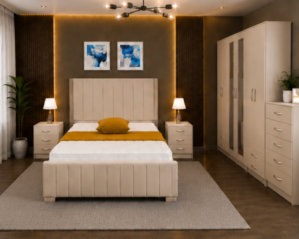 9 Elegant Modern Double Bed Set with Wardrobe & Bedside Cabinets Contemporary Double Bed Set - Six Door Wardrobe With Four Drawer - Chest of Five Drawers With Two Bed Side Table - Image 1