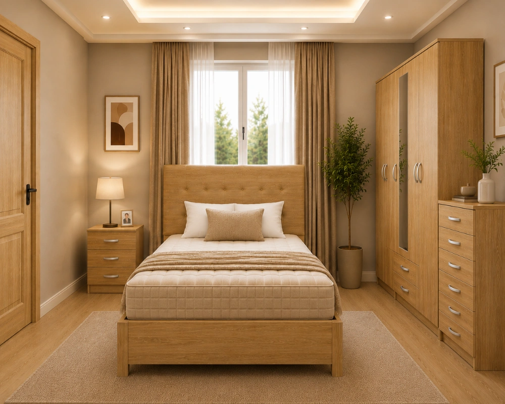 9 Luxury Double Bedroom Set with Bed, Wardrobe & Matching Cabinets Complete Bedroom Package - Double Bed - 5 Door Half Mirror Wardrobe With Two Bottom Drawers - Chest of Five Drawers - Image 1