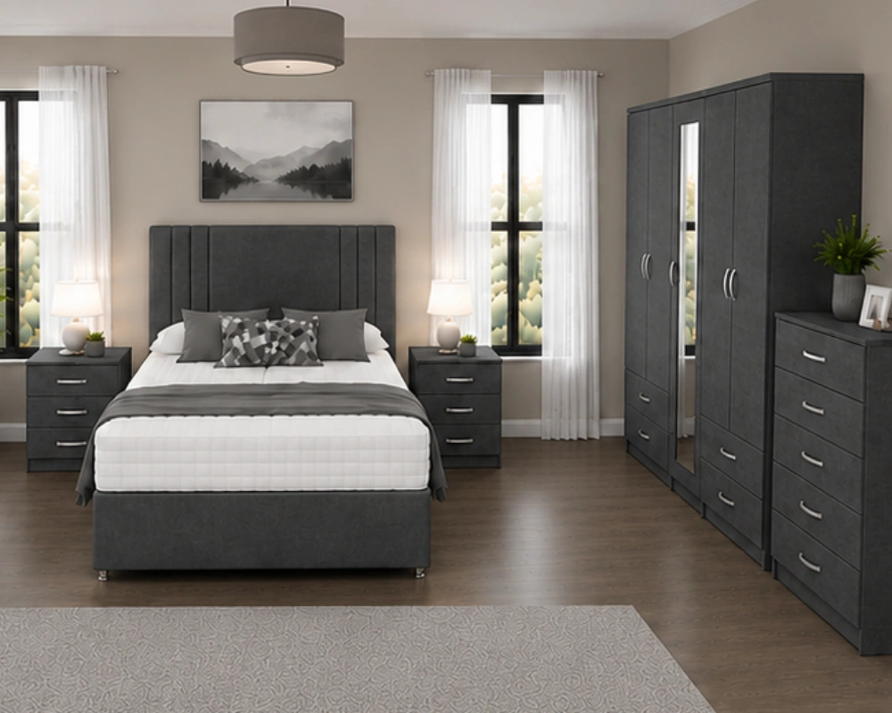 9 Modern Bedroom Suite Furniture Set UK Door Wardrobe Designer Double Bed Suite – 5 Door Full Length Mirror Wardrobe with Four Bottom Drawers, Chest of Five Drawers & Two Bed Side Tables - Image 1