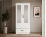 Premium Bedroom Wardrobe with Half-Length Mirrors with white colors - Deluxe 2 Door Wardrobe with 2 Drawers & Mirrors