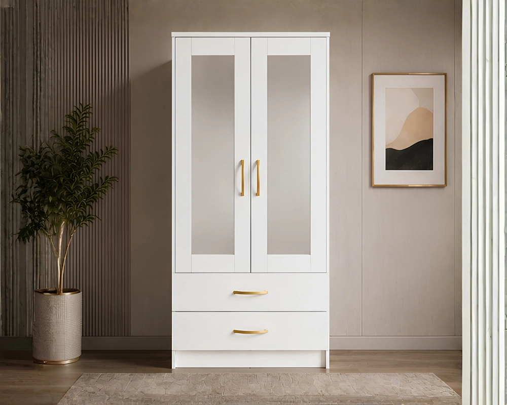 Budget 2 Door Wardrobe Premium Bedroom Wardrobe with Half-Length Mirrors with white colors - Deluxe 2 Door Wardrobe with 2 Drawers & Mirrors - Image 1