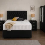 Elegant Bedroom Suite – Three Door Wardrobe with Two Half Mirrors, Two Bottom Drawers, Double Bed & Two Bed Side Tables