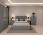 Complete Bedroom Furniture Collection – Double Bed, 5 Door Wardrobe with Full Length Mirror, Chest of Five Drawers & 2 Bed Side Tables