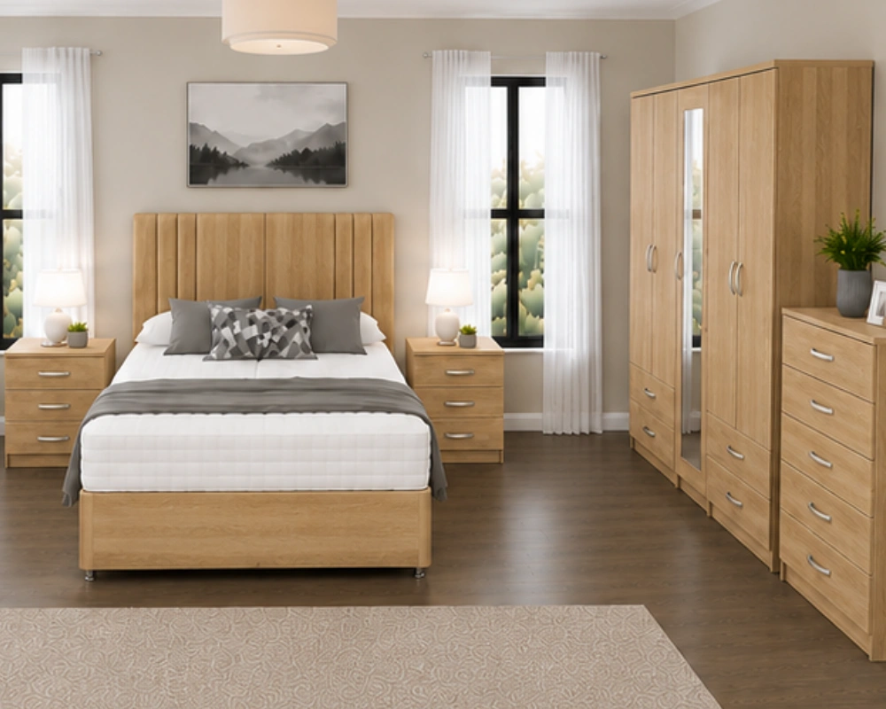 Complete Bedroom Furniture Set with Matching Storage Elegant Bedroom Furniture Bundle - Four Door Mirror Wardrobe With Four Bottom Drawers - Chest of Five Drawers - Double Bed - Image 1