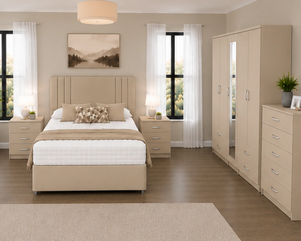 Complete Bedroom Furniture Set – Double Bed, 5-Door Wardrobe, Bedside Tables & Chest Luxury Double Bed Furniture Set – Five Door Wardrobe with Four Bottom Drawers – Chest of Five Drawers with Two Bedside Tables - Image 1