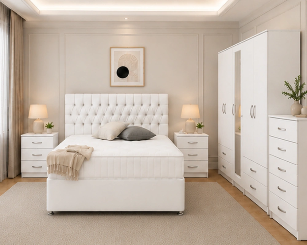 Complete Bedroom Furniture Set – King Size Bed, Wardrobe, Bedside Tables & Dressing Table Modern Bedroom Collection – Double Bed, Five Door Wardrobe, Full Length Mirror, Four Bottom Drawers & Matching Bed Side Tables - Image 1