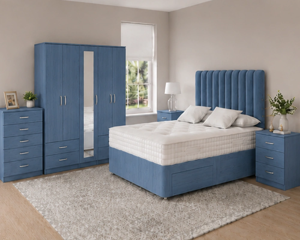Complete Bedroom Furniture Set – Modern King Size Bed, Wardrobe, Bedside Tables & Dressing Table Complete Bedroom Furniture Package – Double Bed, 5 Door Full Mirror Wardrobe with Four Bottom Drawers, Five Drawer Chest & Two Bed Side Tables - Image 1
