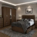 Luxury Bedroom Suite – Double Bed with Five Door Wardrobe, Full Length Mirror & Four Bottom Drawers – Chest of Five Drawers and Two Bed Side Tables