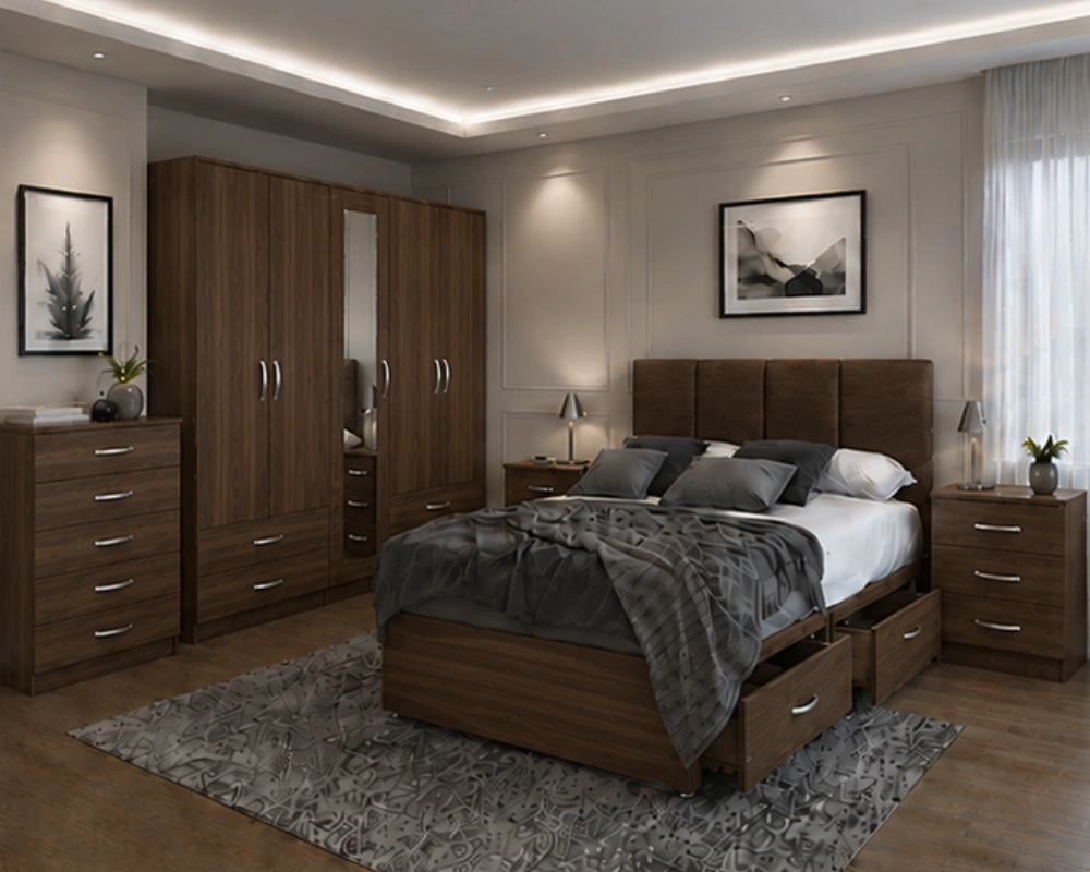 Complete Bedroom Set Furniture – Modern King Size Bed, Storage Wardrobe & Matching Bedside Tables Luxury Bedroom Suite – Double Bed with Five Door Wardrobe, Full Length Mirror & Four Bottom Drawers – Chest of Five Drawers and Two Bed Side Tables - Image 1