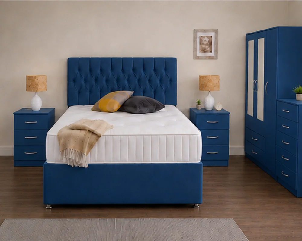 Complete Bedroom Set with Double Upholstered Bed Modern Double Bed Furniture Set – Three Door Wardrobe with Dual Half Mirrors, Two Bottom Drawers, Chest of Five Drawers & Two Bed Side Tables - Image 1