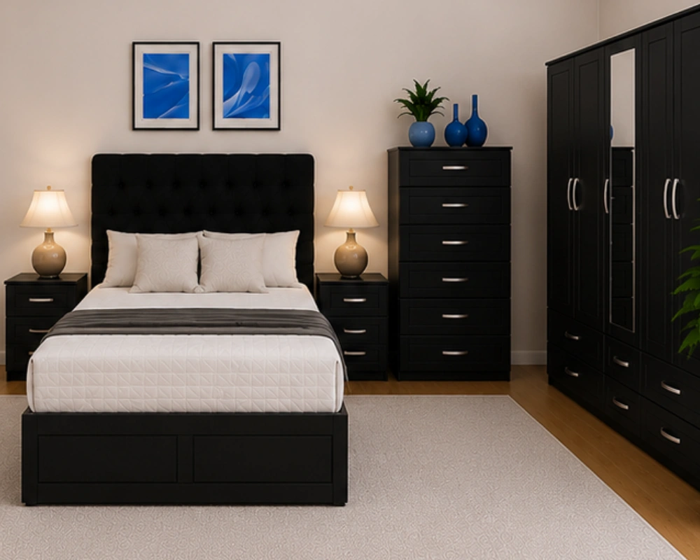 Complete Bedroom Storage Set with Wardrobe Bedside Tables and Chest Modern Storage Bedroom Suite - Double Bed - 4 Door Wardrobe With Full Mirrors And Four Drawers - Bedside Table Pair - Image 1