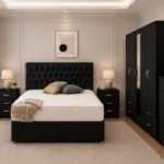 Luxury Double Bed Set with Five Door Full Length Mirror Wardrobe, Four Bottom Drawers, Five Drawer Chest & Two Bed Side Tables
