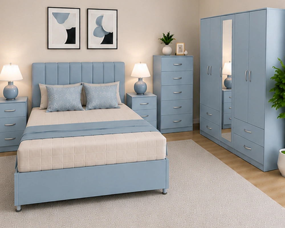 Complete Luxury Bedroom Furniture Package – Double Bed, 5-Door Wardrobe, Bedside Cabinets & Chest Luxury Master Bedroom Furniture Set – Double Bed, Five Door Wardrobe with Four Bottom Drawers & Matching Furniture - Image 1