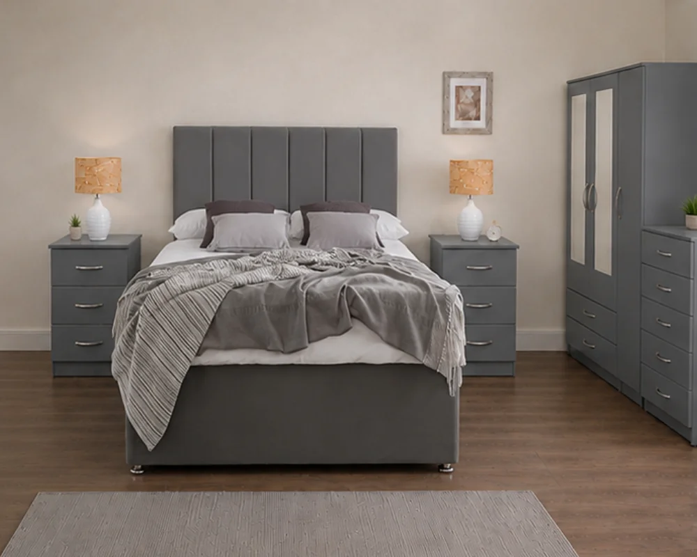 Complete Master Bedroom Set with Matching Furniture Storage Grey Bedroom Furniture Set - 3 Door Wardrobe with Drawer Bed, Bed Side tables & Chest of drawers - Image 1