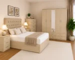 Elegant Home Furniture Set – Double Bed with 5 Door Full Length Mirror Wardrobe, Chest of 5 Drawers & Two Bed Side Tables