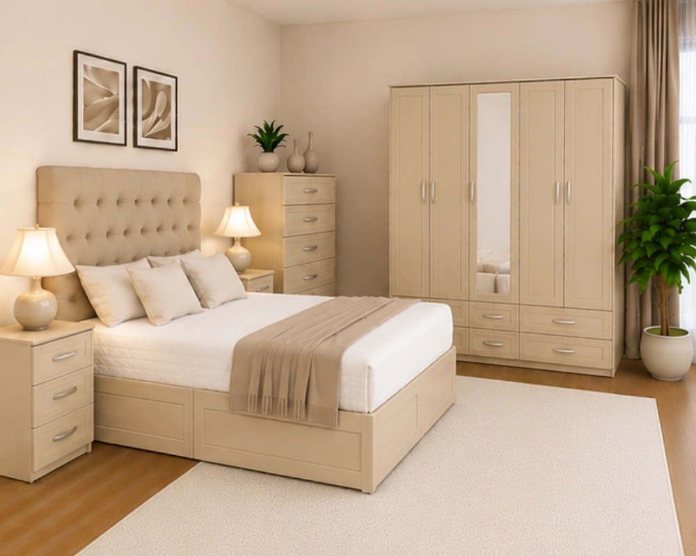 Complete Modern Bedroom Furniture Set with 2 Door Wardrobe and Storage (2) Elegant Home Furniture Set – Double Bed with 5 Door Full Length Mirror Wardrobe, Chest of 5 Drawers & Two Bed Side Tables - Image 1