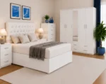Luxury Bedroom Furniture Set – Double Bed with 5 Door Full Mirror Wardrobe, 4 Bottom Drawers, 5 Drawer Chest & 2 Bed Side Tables