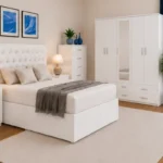 Luxury Bedroom Furniture Set – Double Bed with 5 Door Full Mirror Wardrobe, 4 Bottom Drawers, 5 Drawer Chest & 2 Bed Side Tables