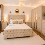 Luxury Master Bedroom Set – 6 Door Wardrobe Featuring Two Long Mirrors, Four Bottom Drawers, Chest of Five Drawers & Two Bed Side Tables