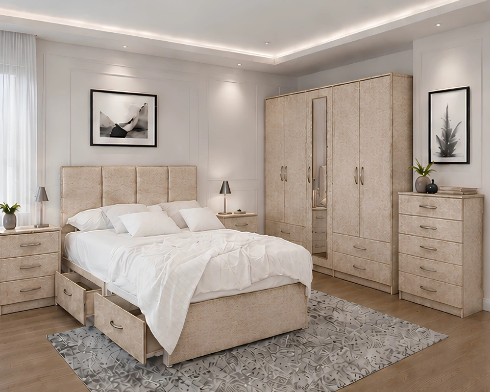 Complete Modern Bedroom Package – King Bed, Wardrobe, Bedside Tables & Dressing Unit Premium Bedroom Essentials - Double Bed - Five Door Wardrobe With Dual Mirrors And Storage Drawers - Two Bedside Tables - Image 1