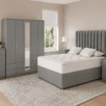 Modern Luxury Double Bed Set – Five Door Wardrobe Featuring Full Length Mirror, Four Bottom Drawers, Chest of Five Drawers & 2 Bed Side Tables