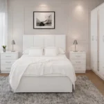Elegant Bedroom Furniture Set – Double Bed with Five Door Full Length Mirror Wardrobe – Four Bottom Drawers, Chest of Five Drawers & Two Bed Side Tables