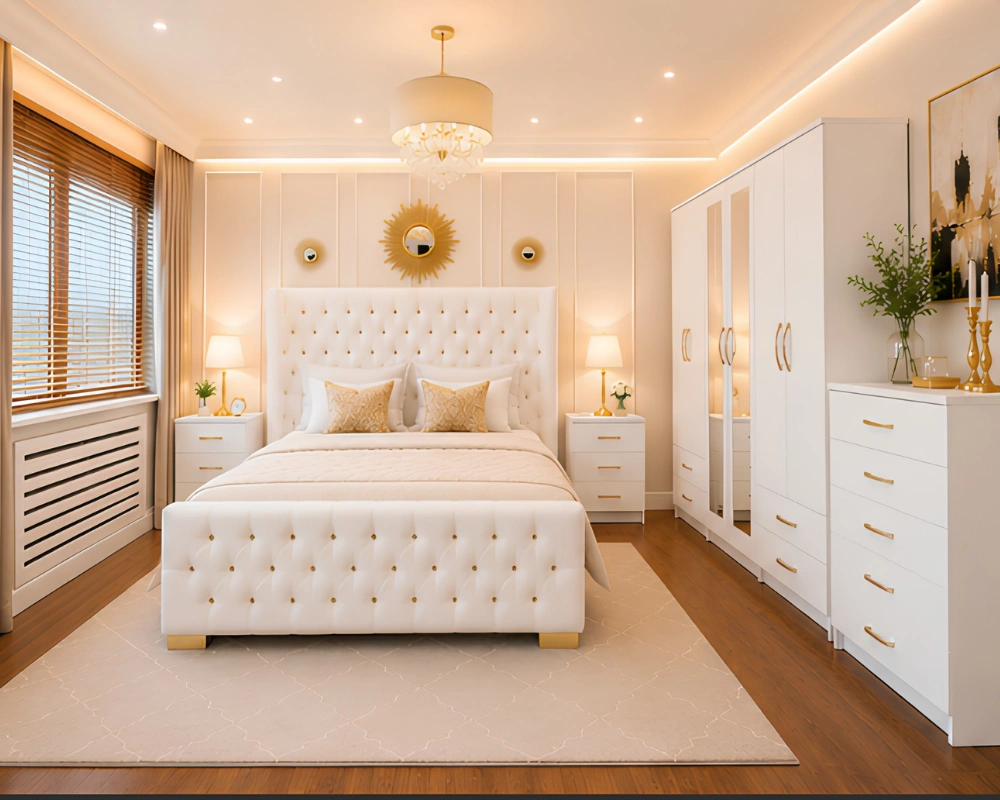Complete Premium Bedroom Furniture – Modern Style (3) Premium Double Bed Suite – Six Door Wardrobe with Two Long Mirrors, Chest of Five Drawers & Two Bed Side Tables - Image 1