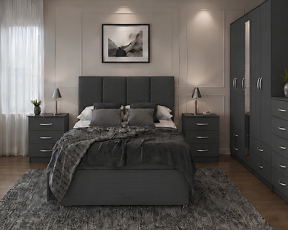 Complete Premium Bedroom Set – Modern King Bed, Large Wardrobe, Bedside Cabinets & Dressing Table Classic Double Bed Bedroom Set – Five Door Mirrored Wardrobe with Four Bottom Drawers – Chest of Five Drawers with Two Bed Side Tables - Image 1