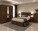 Modern Complete Bedroom Set – Double Bed with 5 Door Wardrobe, Full Length Mirror, Four Bottom Drawers, Five Drawer Chest & Two Bed Side Tables